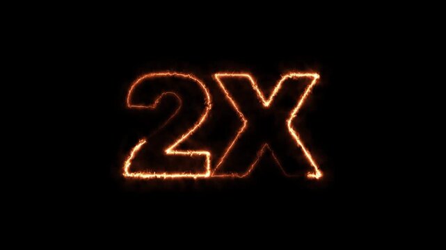 2x fire text animation with burning flame effect on black background. burning 2x symbol with realistic fire sparks and glow loop.