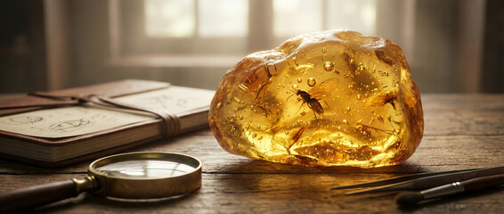 Amber gemstone on wooden table with notebook and magnifying glass  