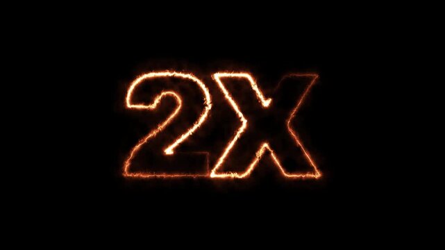2x fire text animation with burning flame effect on black background. burning 2x symbol with realistic fire sparks and glow loop.