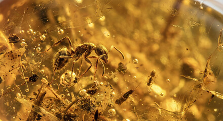 Ant trapped in amber with bubbles and ancient plant fragments  