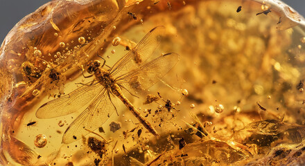 Insect trapped in amber with golden hues and detailed textures  