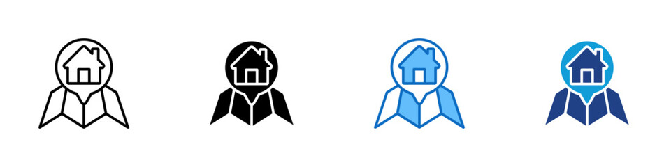 Property Location Multiple Style Icon Design Vector - House on folded map representing real estate location, property search, and neighborhood planning © sahila