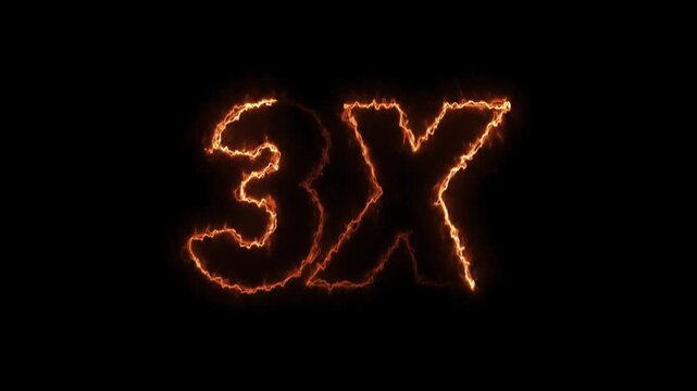 3x fire text animation with intense burning flame effect. 3x speed multiplier for gaming and promo videos. realistic burning 3x symbol with flickering fire sparks loop.