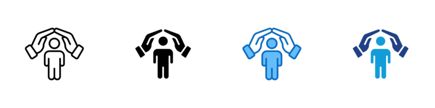 Personal Protection Multiple Style Icon Design Vector - Hands shielding person representing personal safety, risk prevention, and human security support