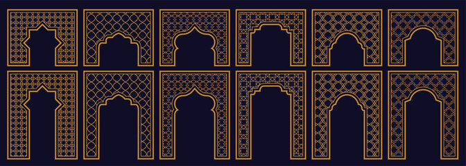 Gold Islamic arch and Arabic decorative frames with intricate geometric pattern and oriental borders