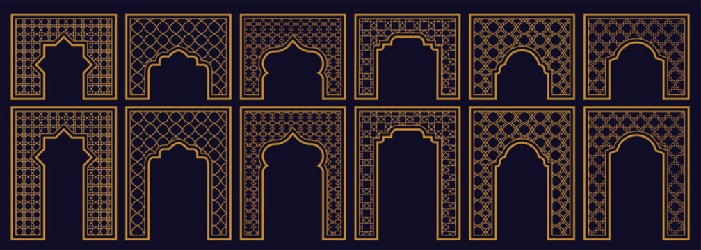 Gold Islamic arch and Arabic decorative frames with intricate geometric pattern and oriental borders