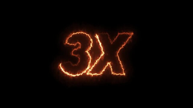 3x fire text animation with intense burning flame effect. 3x speed multiplier for gaming and promo videos. realistic burning 3x symbol with flickering fire sparks loop.