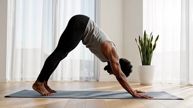 Man practicing yoga sequence in home studio