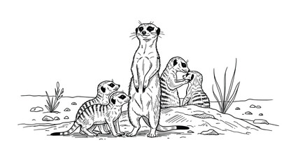  Illustration of meerkats in a desert setting. One stands alert on hind legs, while two play nearby, and two groom each other. Sparse plants and rocks surround them. © SHAMIM