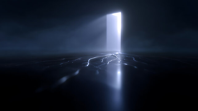 An open door bathed in ethereal light, casting a beam into a dark, mysterious space, with glowing water or mist on the floor
