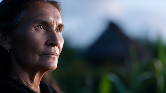 A portrait of an elderly woman staring with a thoughtful expression against a soft sky. She is outside, looking up and right, with light from the sun illuminating her face
