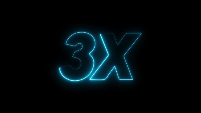 3x blue neon text animation with electric glow on black background. blue 3x speed icon for gaming and technology videos. blue outline 3x typography for video overlays.