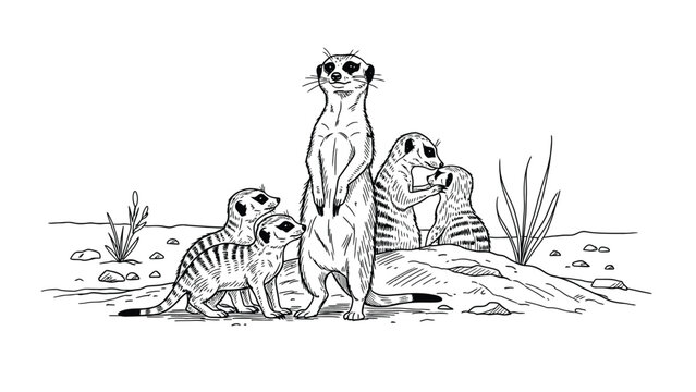  Illustration of meerkats in a desert setting. One stands alert on hind legs, while two play nearby, and two groom each other. Sparse plants and rocks surround them.