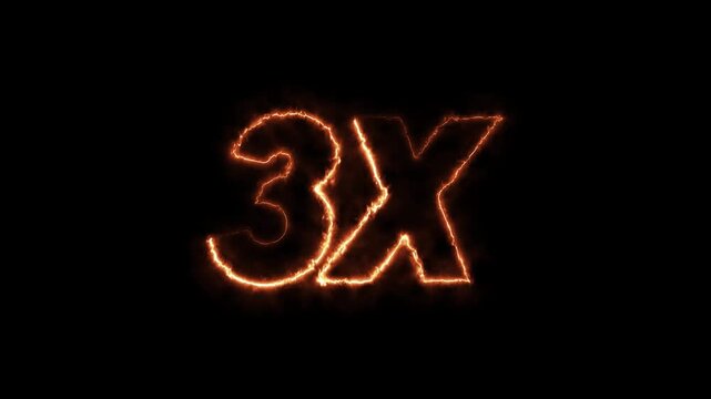 3x fire text animation with intense burning flame effect. 3x speed multiplier for gaming and promo videos. realistic burning 3x symbol with flickering fire sparks loop.