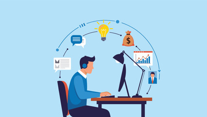 Naklejka premium Creative professional working on a computer while various business icons like a lightbulb, money bag, and charts float in a circular arc.