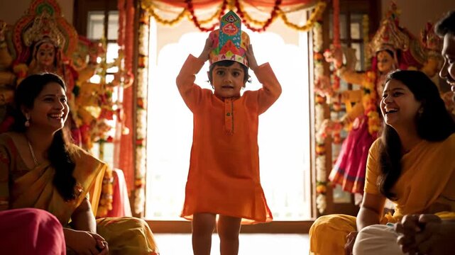 Cute Indian toddler dressed as Hindu deity at Durga Puja celebration