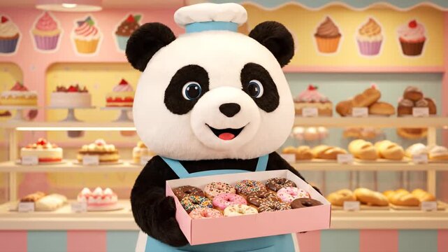 Panda holding cupcakes in a bakery with colorful pastries on display