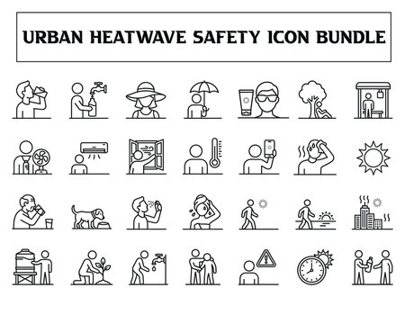 Urban heatwave safety icons set for health and wellness projects