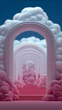 An ethereal gateway, with arches framed against a sky of soft, fluffy clouds. The pathway beckons into the distance