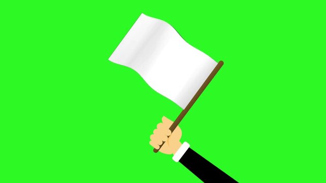 A cartoon hand wearing a suit holds and waves a white flag of surrender against a green screen background