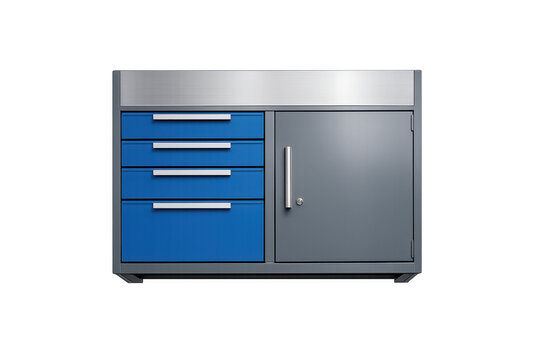 Modern metal workshop cabinet with blue drawers and gray door on black background