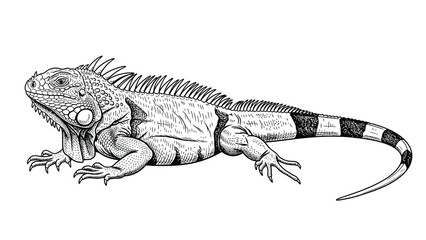  Line drawing of an iguana with detailed scales, spines, and a long striped tail. It is positioned in profile, conveying a calm and relaxed demeanor.