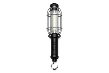 Fototapeta premium Industrial work light with protective cage and hanging hook, isolated on black background