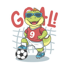 Obraz premium Cartoon Dinosaur Playing Soccer illustration hand drawn, vector ready for print on t-shirt and other uses.