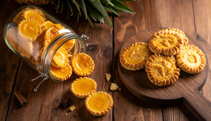 Fototapeta premium Pineapple cookies on a wooden table with a jar.