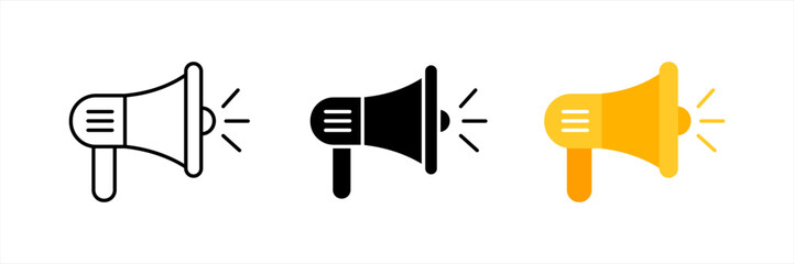 Set of megaphone icons on white background. Loudspeaker vector in outline, flat, and colored styles, flat design illustration.