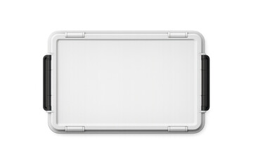 Minimalist white storage container with black handles and silver latches, top view