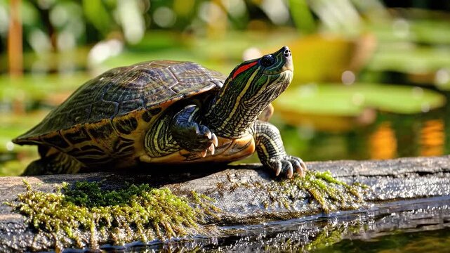 Red eared slider basking on log in wetland