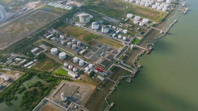 Aerial View of Petrochemical Storage Tank Farm. large industrial facility featuring spherical and cylindrical storage tanks for oil, gas, and chemicals. Located in the Cai Mep industrial zone, Vietnam