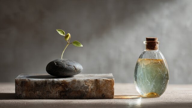 Sprout growing from stone, natural elixir