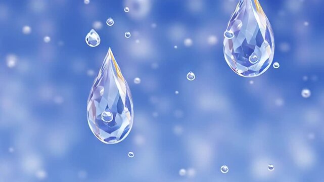 Clear Water Droplets Falling Against Blue Background.
