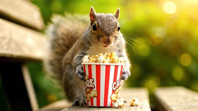 A squirrel enjoying a bucket of popcorn on a wooden bench in a sunny outdoor setting