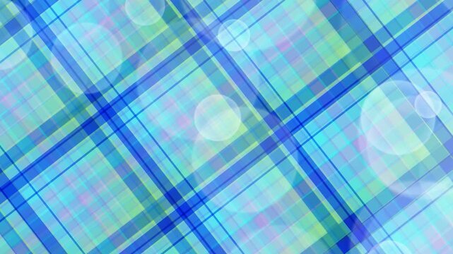 A tartan pattern with moire effect, featuring blue and green stripes, abstract shapes, and bokeh lights, viewed from directly above.