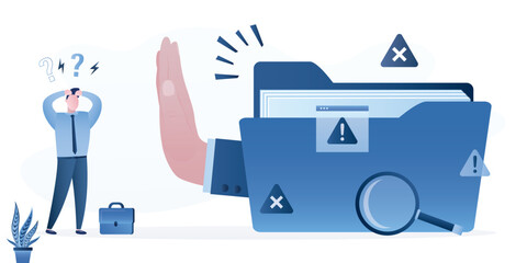 Folder filled with documents protected by firm stop gesture, frustrated businessman stands in background with question marks. Data access refusal, system errors © naum
