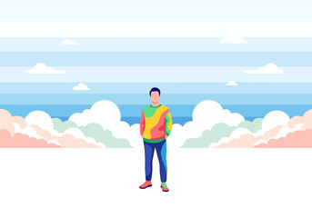 Modern individual standing against colorful abstract landscape with sky clouds and stylized ocean backdrop