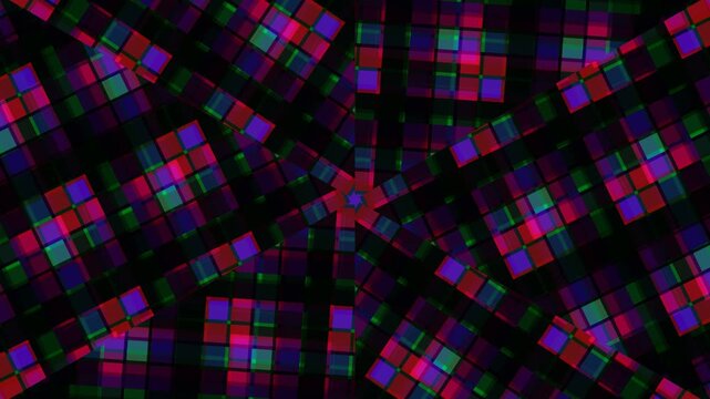 Vibrant moire pattern with tartan elements in dynamic motion, creating a kaleidoscope of colorful squares
