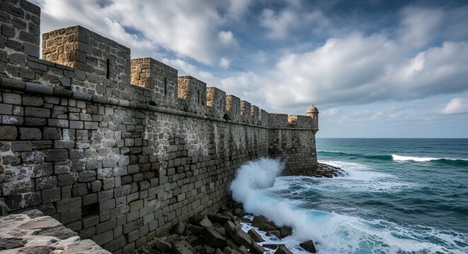 Ancient stone fortification wall along the Hammamet coastline with crashing waves in morning light