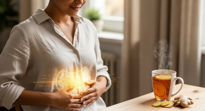 Woman clutching stomach with glowing intestine illustration, symbolizing digestive health and relief with warm ginger lemon tea. Abdominal pain.
