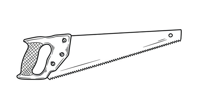  Line drawing of a hand saw with a textured grip handle and a serrated blade, set against a plain background. The style is simple and technical.
