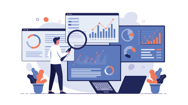 Expert analyst using a large magnifying glass to inspect various business performance charts and data reports on digital screens.