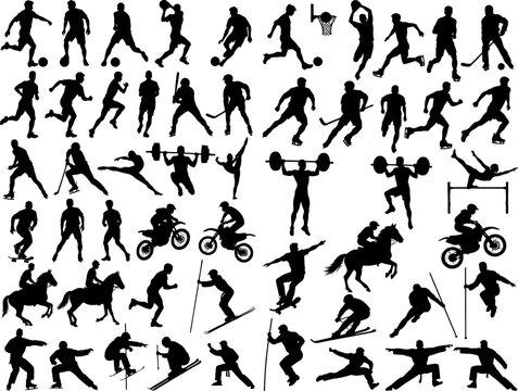 A collection of black silhouettes showcasing various sports activities like soccer, hockey, weightlifting, skiing, and motorcycling