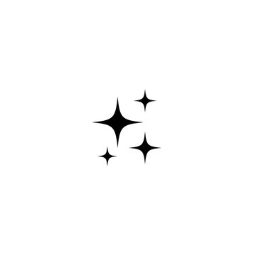 A simple black and white icon featuring four sparkling stars of different sizes, representing magic, shine, or cleanliness