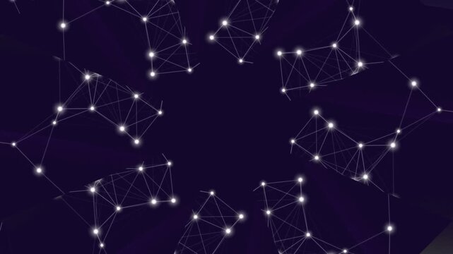 A constellation pattern of glowing white dots connected by lines on a dark background is displayed in a futuristic visualization.