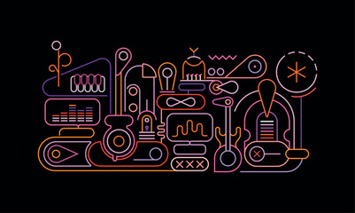 Obraz premium Neon colors line art isolated on a black background Abstract Musical Design vector illustration.