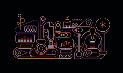 Gardinen Abstraktion Kunst Neon colors line art isolated on a black background Abstract Musical Design vector illustration.  ©  danjazzia