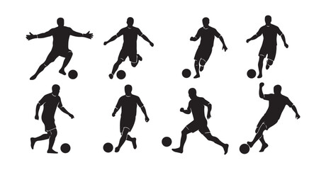 Obraz premium Silhouette of soccer players in various actions on white background
